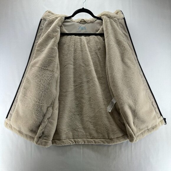 ZARA Jacket Youth Size 13-14 Softshell Sherpa Lined Hoodie Parka Full Zip Beige - Picture 2 of 14